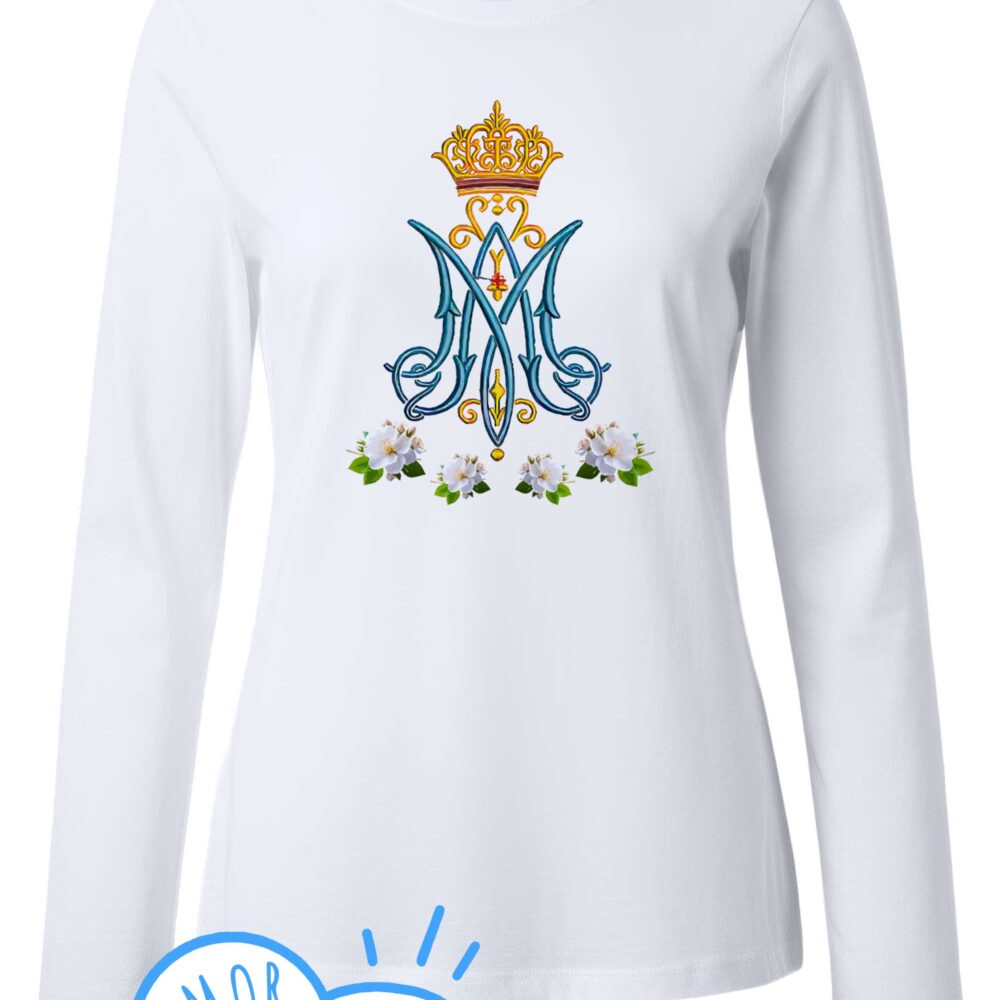 Camiseta Católica Blanca Personalizada Monograma Virgen María