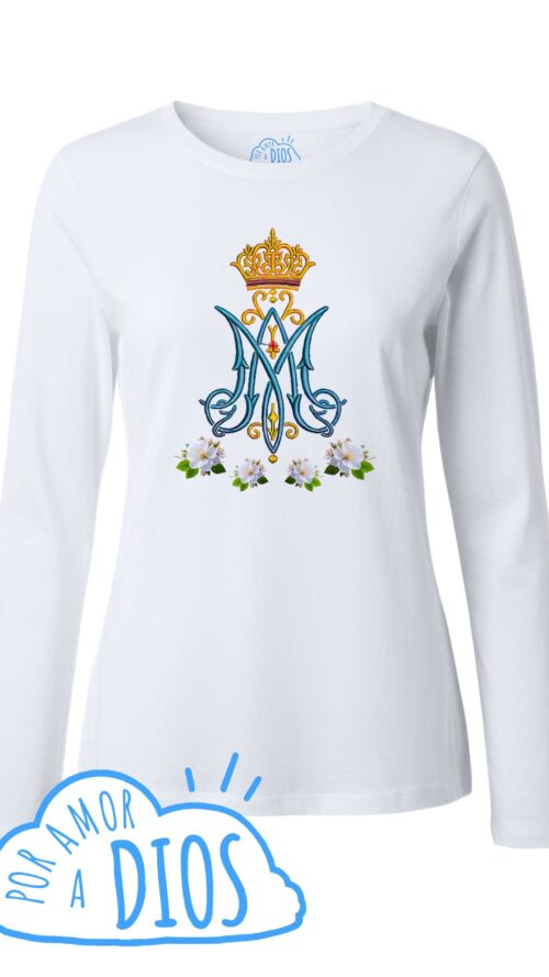 Camiseta Católica Blanca Personalizada Monograma Virgen María