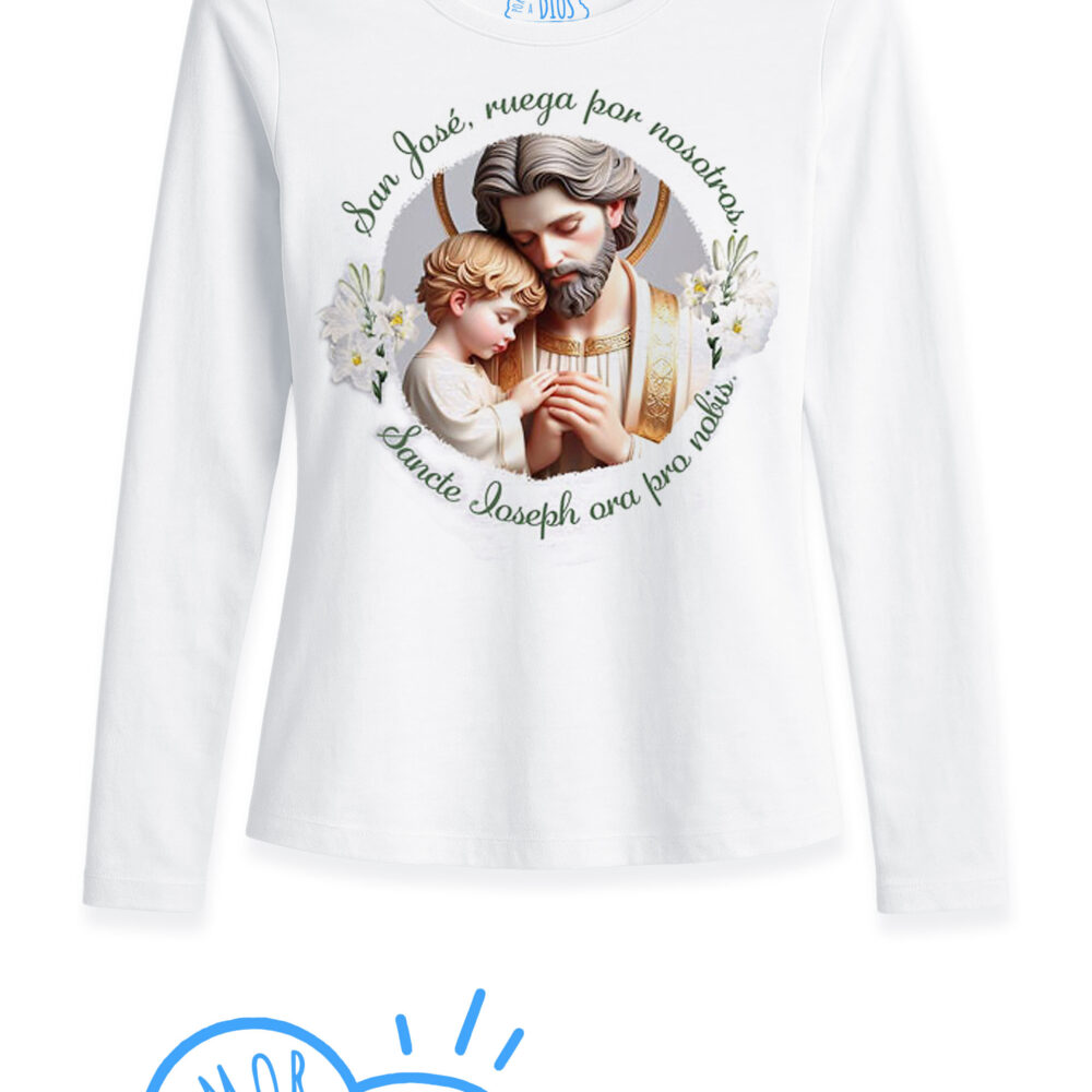 Camiseta Católica Blanca Personalizada San José y niño Dios