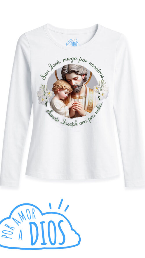 Camiseta Católica Blanca Personalizada San José y niño Dios